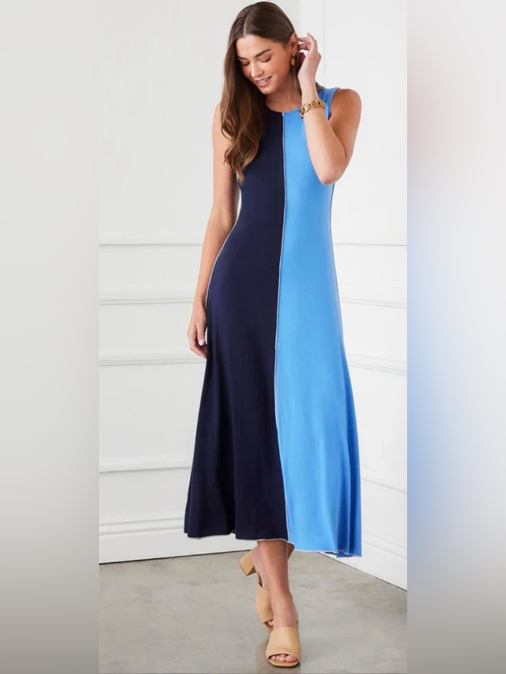 Karen Kane Navy and Sky Blue Colorblock Sleeveless Maxi Dress